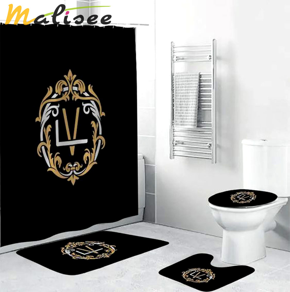 Louis vuitton lv black logo type 2064 Bathroom Accessory Sets Hypebeast Bathroom Waterproof Shower Curtain Bathroom Sets Luxury Fashion Brand Toilet Cover Home Decor Bath Mat Set Pedestal Rug