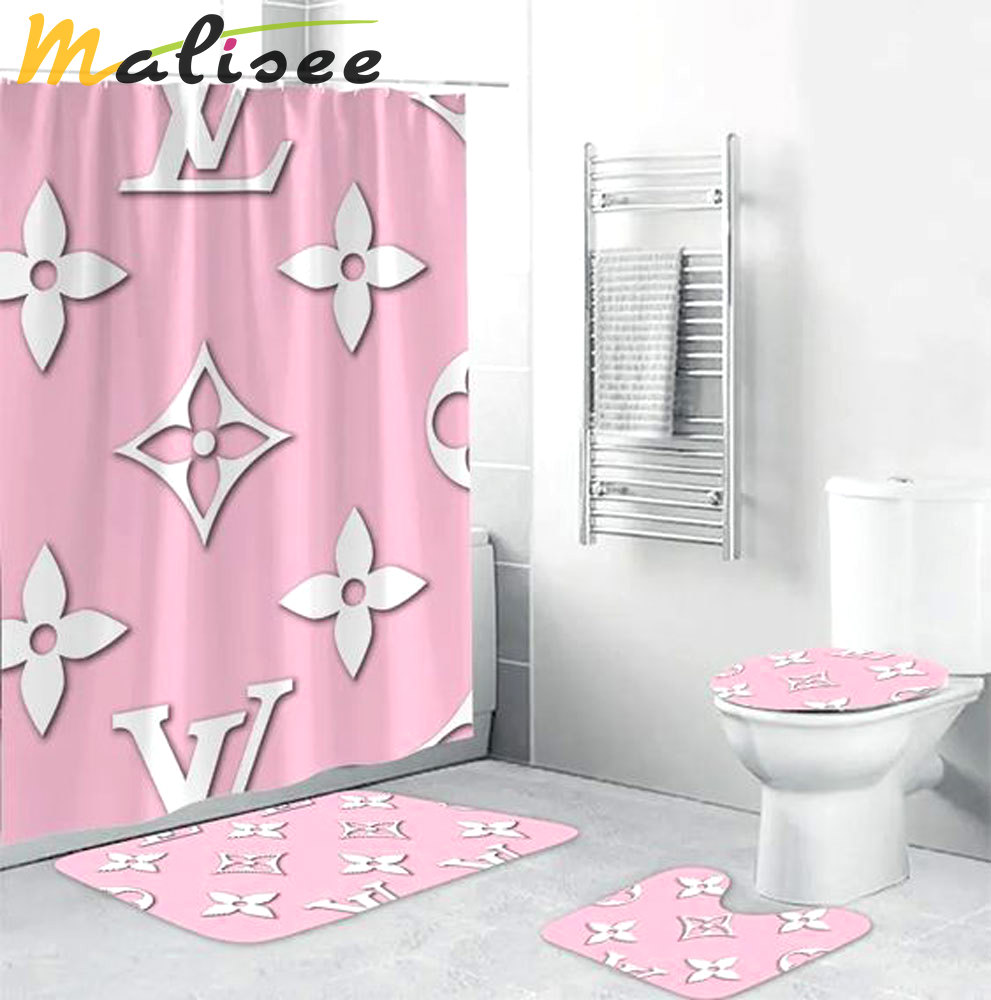 Louis vuitton lv pink logo type 1784 Bathroom Accessory Sets Home Decor Waterproof Shower Curtain Bathroom Sets Bath Mat Set Hypebeast Bathroom Pedestal Rug Toilet Cover Luxury Fashion Brand