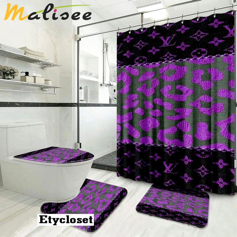 Louis vuitton lv purple leopard logo type 2087 Bathroom Accessory Sets Pedestal Rug Luxury Fashion Brand Waterproof Shower Curtain Toilet Cover Bathroom Sets Bath Mat Set Hypebeast Bathroom Home Decor
