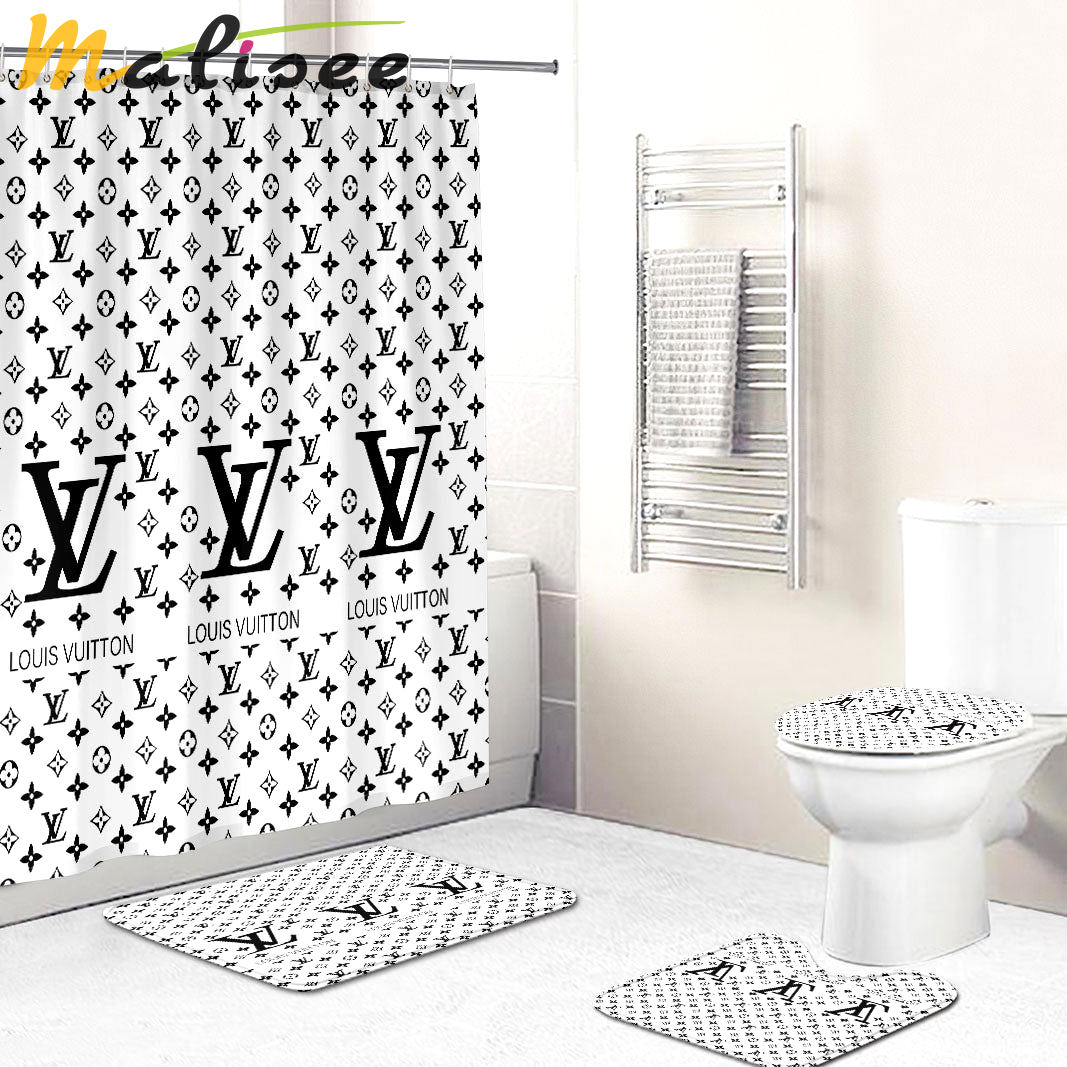 Louis vuitton lv white logo type 1901 Bathroom Accessory Sets Bathroom Sets Pedestal Rug Toilet Cover Waterproof Shower Curtain Hypebeast Bathroom Home Decor Luxury Fashion Brand Bath Mat Set