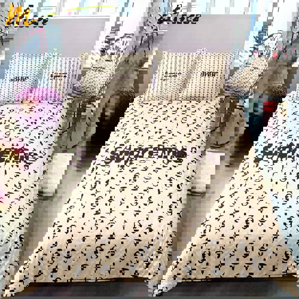 Louis vuitton supreme light yellow luxury brand logo premium bedding sets,bed sets, bedroom sets, comforter sets, duvet cover, bedspread Bedding Sets