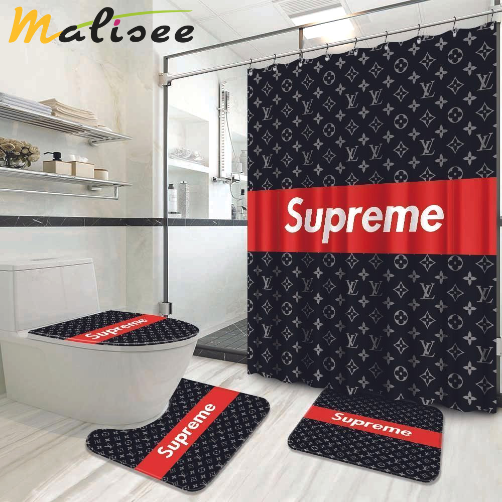 Louis vuitton supreme logo type 714 Bathroom Accessory Sets Toilet Cover Pedestal Rug Hypebeast Bathroom Luxury Fashion Brand Bathroom Sets Home Decor Bath Mat Set Waterproof Shower Curtain