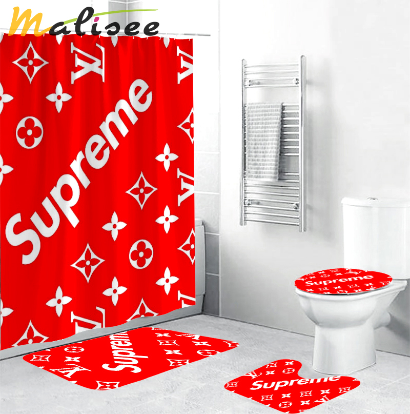 Louis vuitton supreme red bathroom set hypebeast luxury fashion brand bath mat home decor Bathroom Set