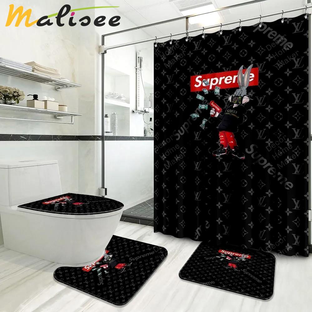 Lv louis vuitton and supreme french dc logo type 789 Bathroom Accessory Sets Bath Mat Set Toilet Cover Home Decor Hypebeast Bathroom Pedestal Rug Waterproof Shower Curtain Luxury Fashion Brand Bathroom Sets
