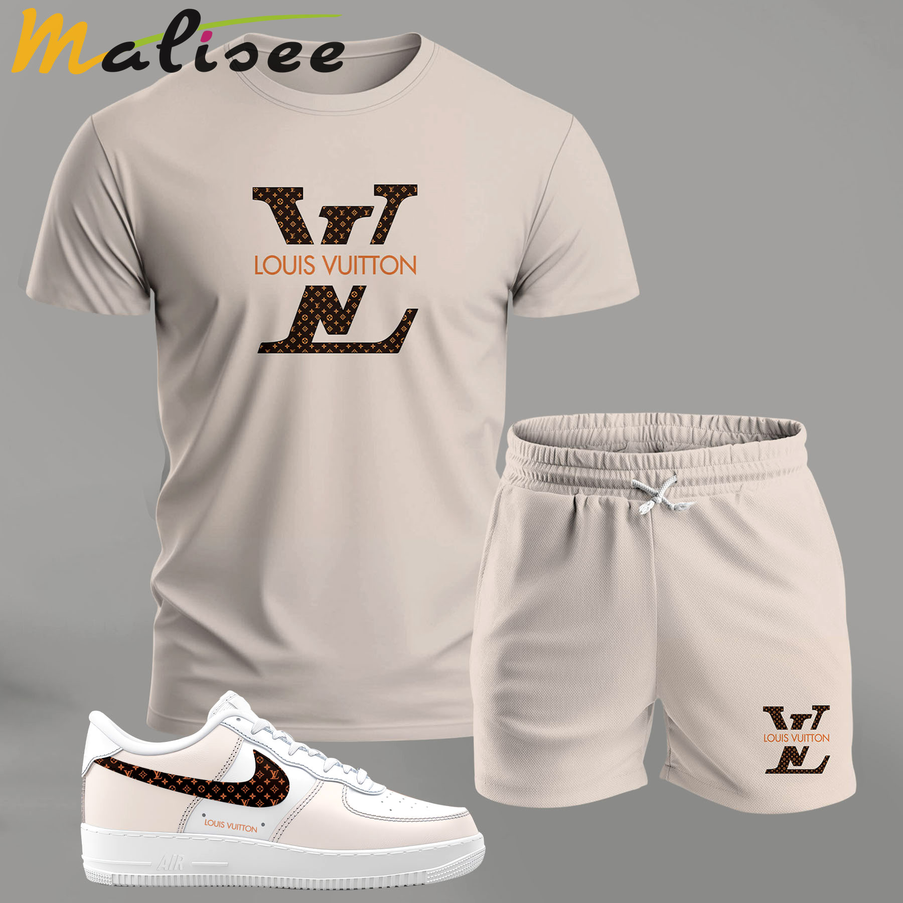 Minimal beige monogram set for men, clean luxury logo t-shirt and shorts combo with matching sneakers T-Shirt Short Sneakers Set