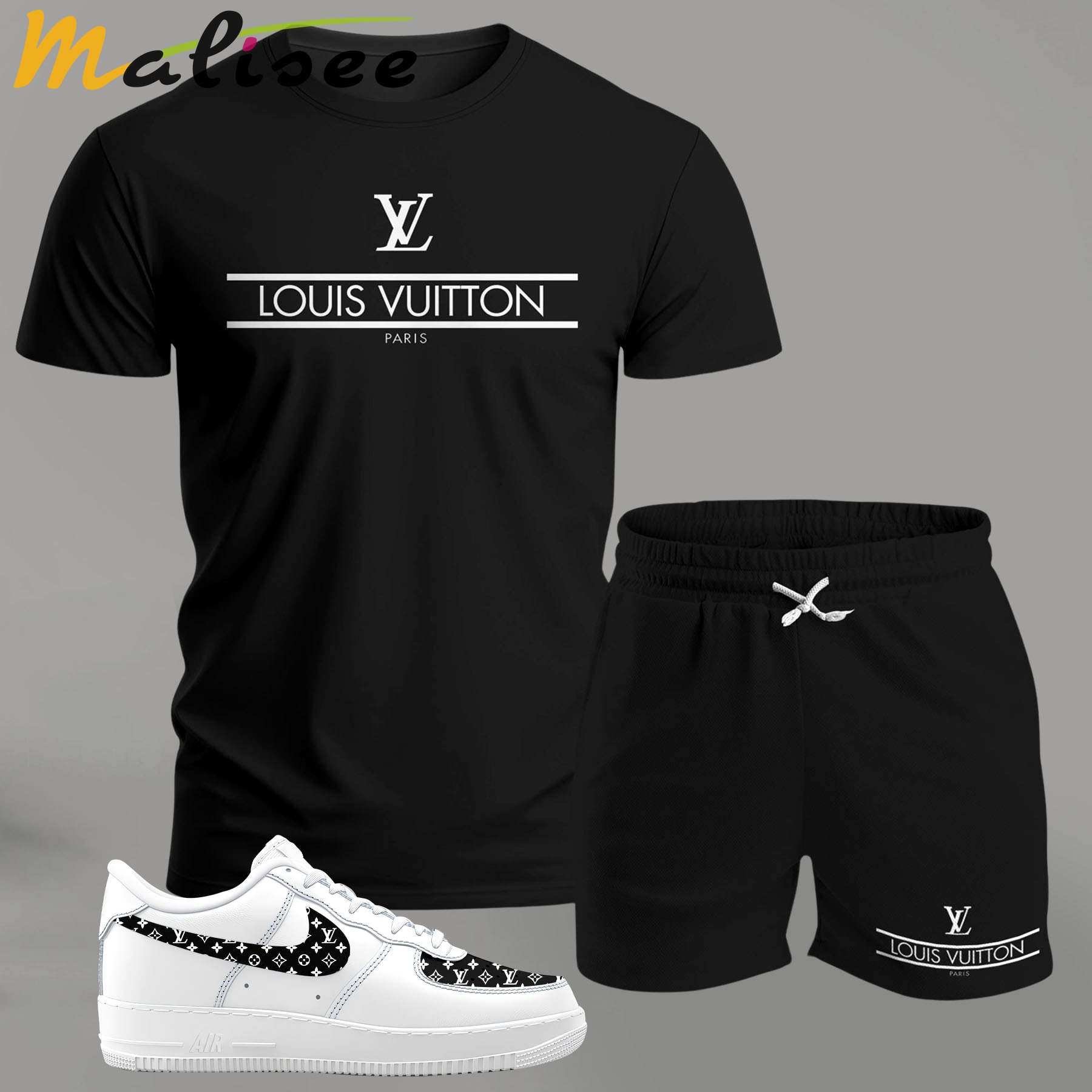 Minimal black logo set for men, clean typography t-shirt and shorts combo with monochrome sneakers T-Shirt Short Sneakers Set