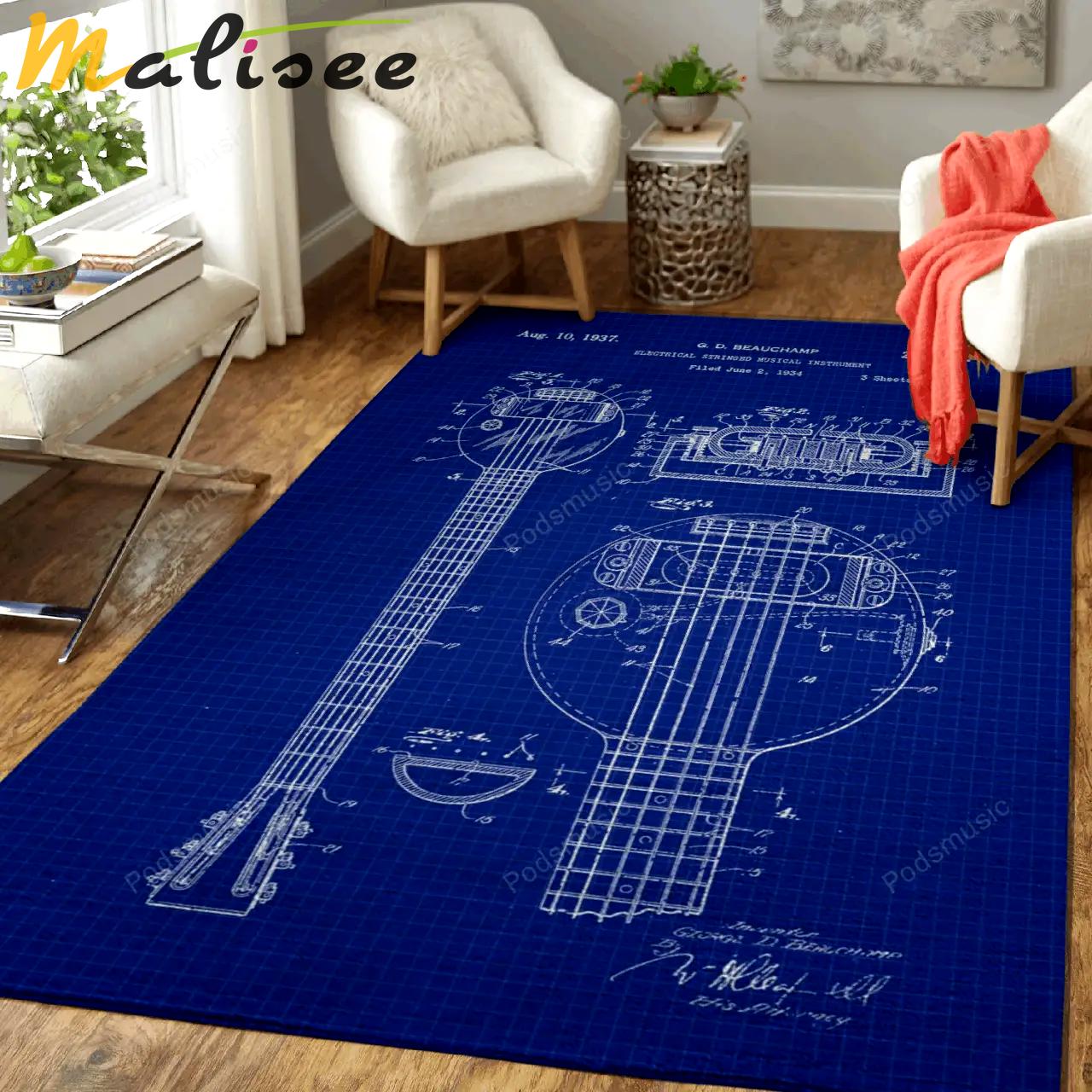 Musical instrument patent music instrument blueprint art for fans area rug living room carpet rug regtangle carpet floor decor home decor Rectangle Rug