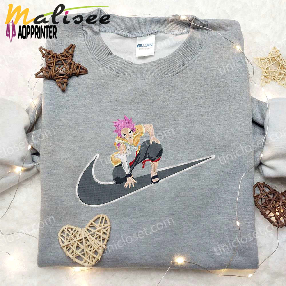 Natsu dragneel x nike swoosh anime embroidered hoodie & fairy tail shirt: nike inspired apparel Embroidered Shirt