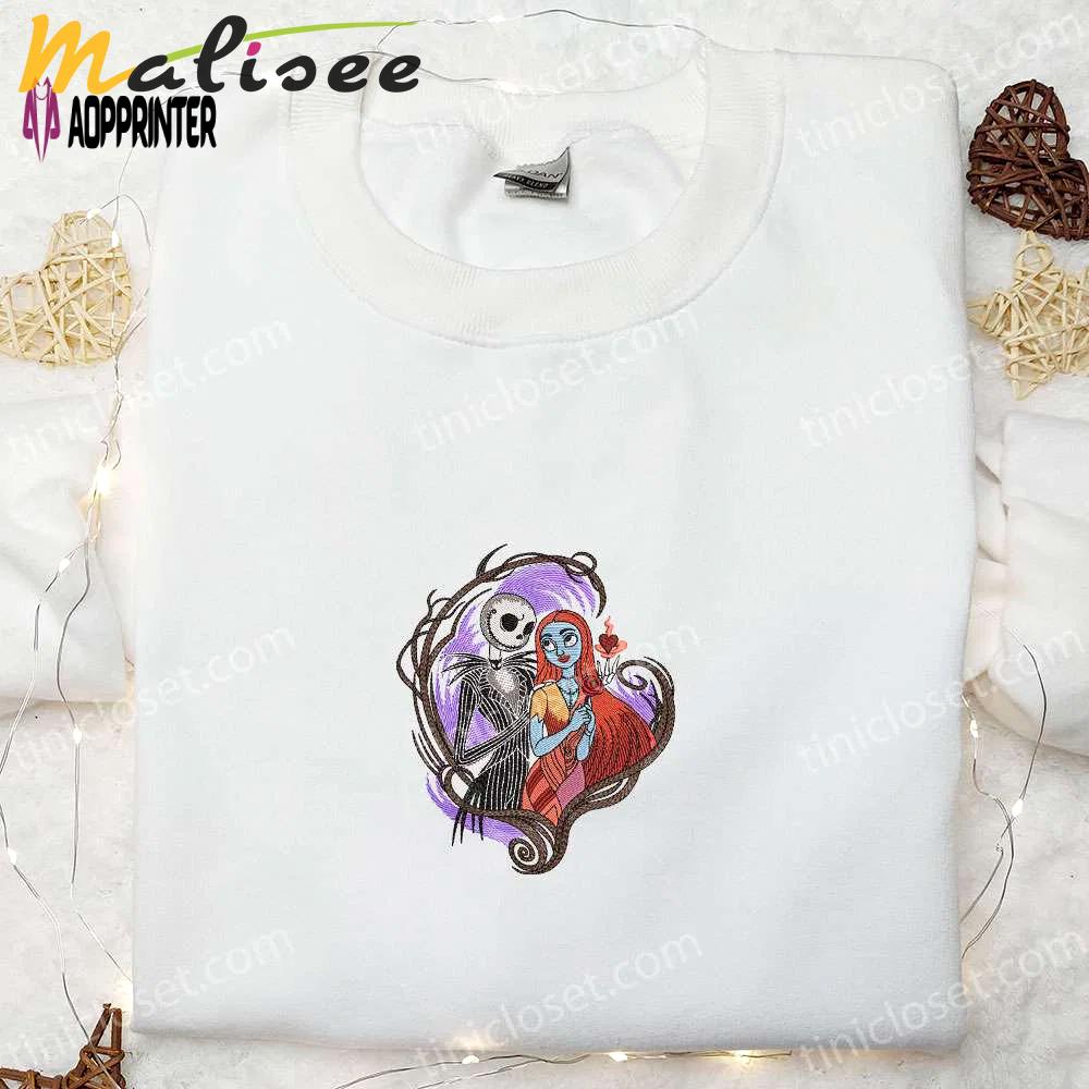 Nightmare before christmas embroidered sweatshirt: jack skellington and sally hoodie – spooky shirt Embroidered Shirt