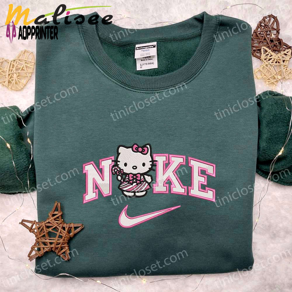 Nike x hello kitty pink candy cane shirt & hoodie: cartoon embroidery for christmas gift ideas Embroidered Shirt