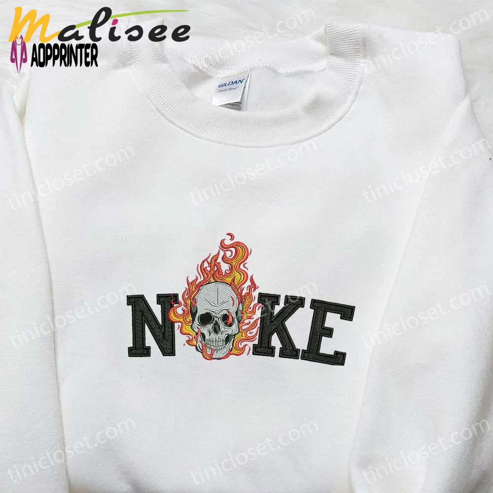 Nike x skull on fire embroidered shirt: best halloween gift for nike fans Embroidered Shirt