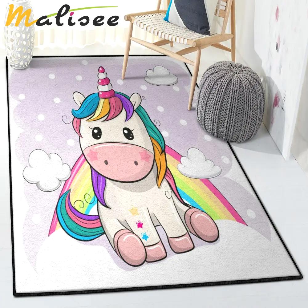 One horned horse area rugs, cartoon unicorn is sitting on clouds gs rug Rectangle Rug