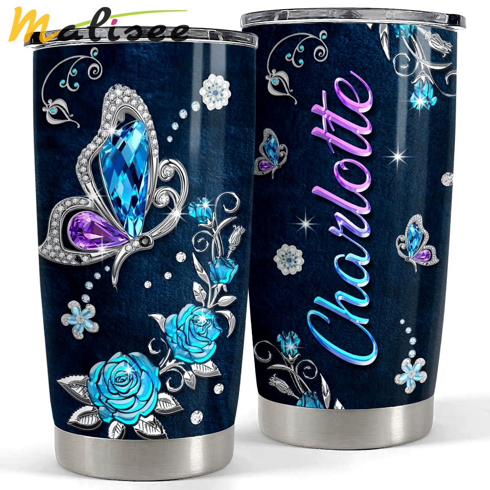 Personalized butterfly tumbler crystal drawing roses for animal lover Personalized Tumbler