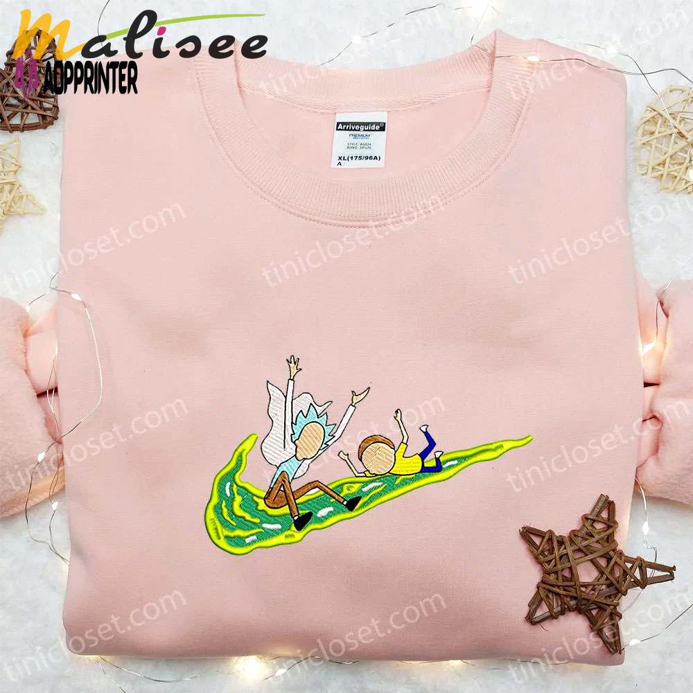 Rick and morty x swoosh cartoon embroidered sweatshirt: nike inspired custom hoodie Embroidered Shirt