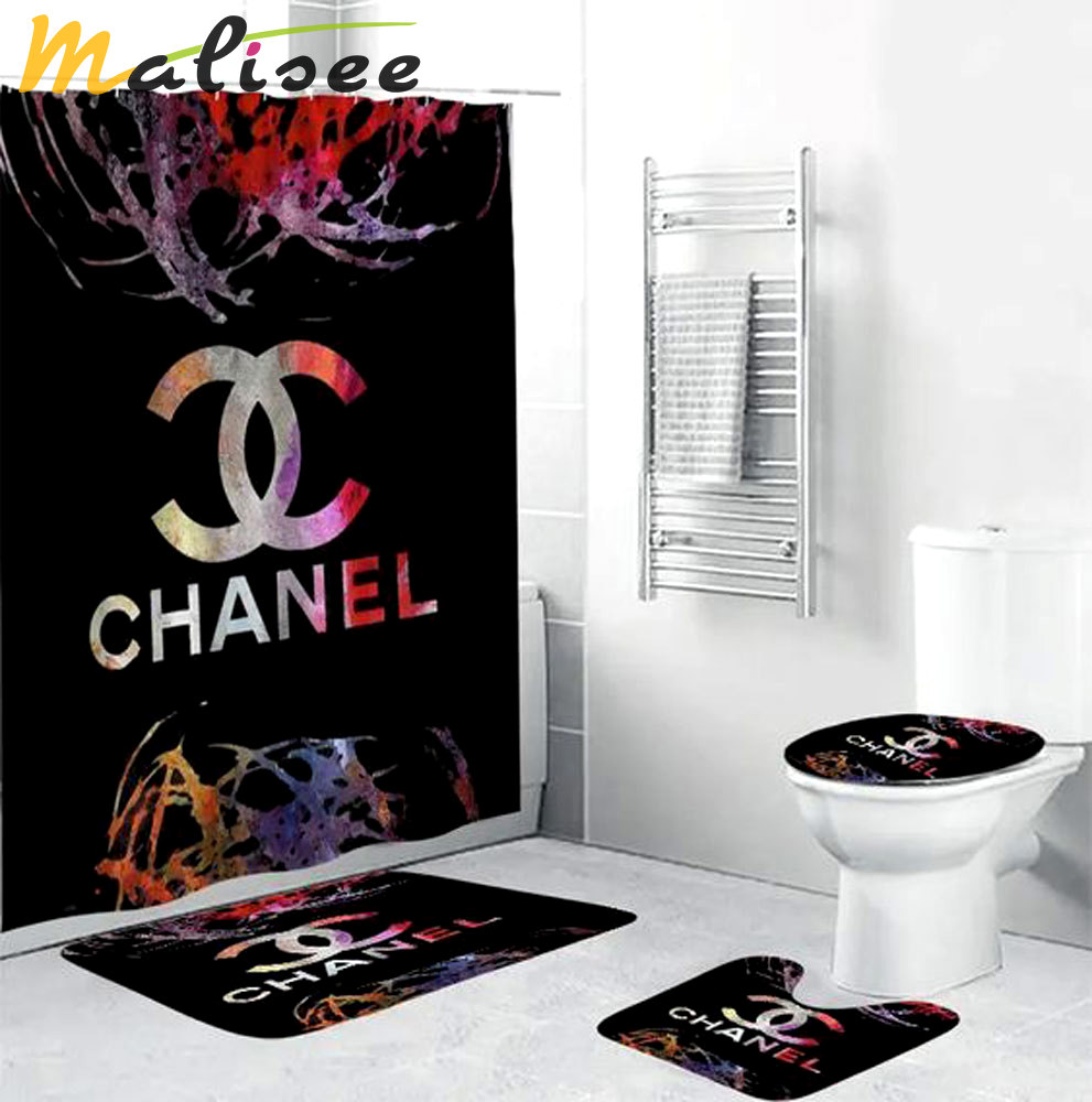 Rugs in living room and bedroom - Chanel black colorful bathroom set hot 2023 luxury shower curtain bath rug mat home decor 261 Bathroom Accessory Sets