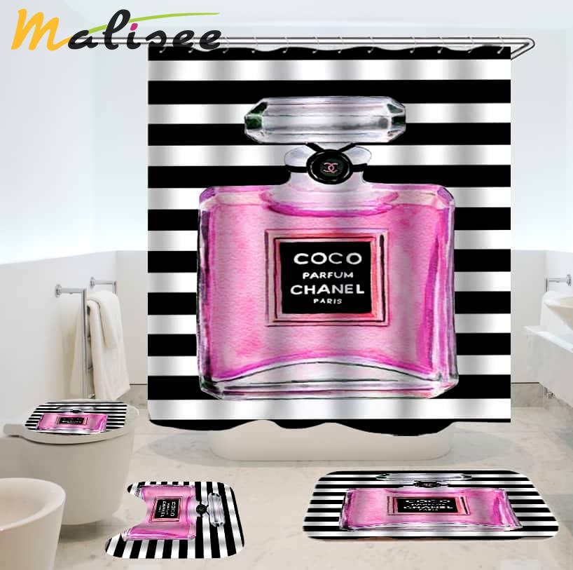 Rugs in living room and bedroom - Chanel perfume bathroom set hot 2023 luxury shower curtain bath rug mat home decor 147 Bathroom Accessory Sets