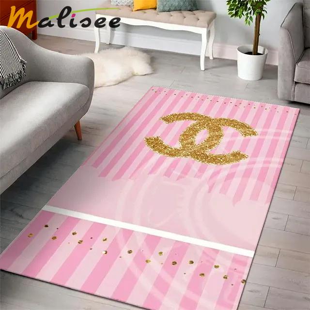 Rugs in living room and bedroom - Chanel pinky golden logo luxury fashion luxury brand premium rug carpet for living room home decoration Rectangle Rug