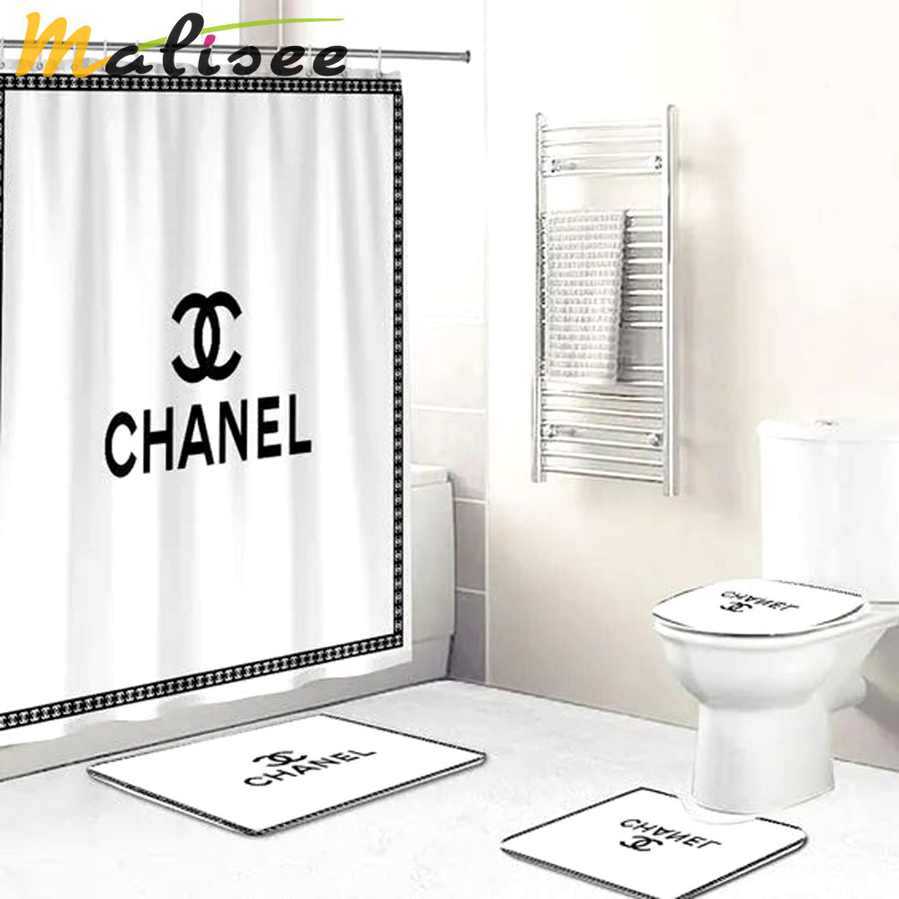 Rugs in living room and bedroom - Chanel white bathroom set hot 2023 luxury shower curtain bath rug mat home decor 315 Bathroom Accessory Sets