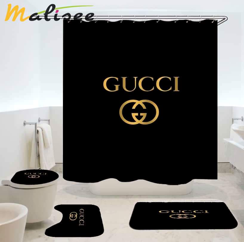Rugs in living room and bedroom - Gucci black bathroom set hot 2023 luxury shower curtain bath rug mat home decor 163 Bathroom Accessory Sets