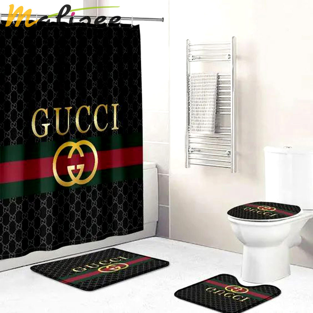 Rugs in living room and bedroom - Gucci stripe bathroom set hot 2023 luxury shower curtain bath rug mat home decor 198 Bathroom Accessory Sets