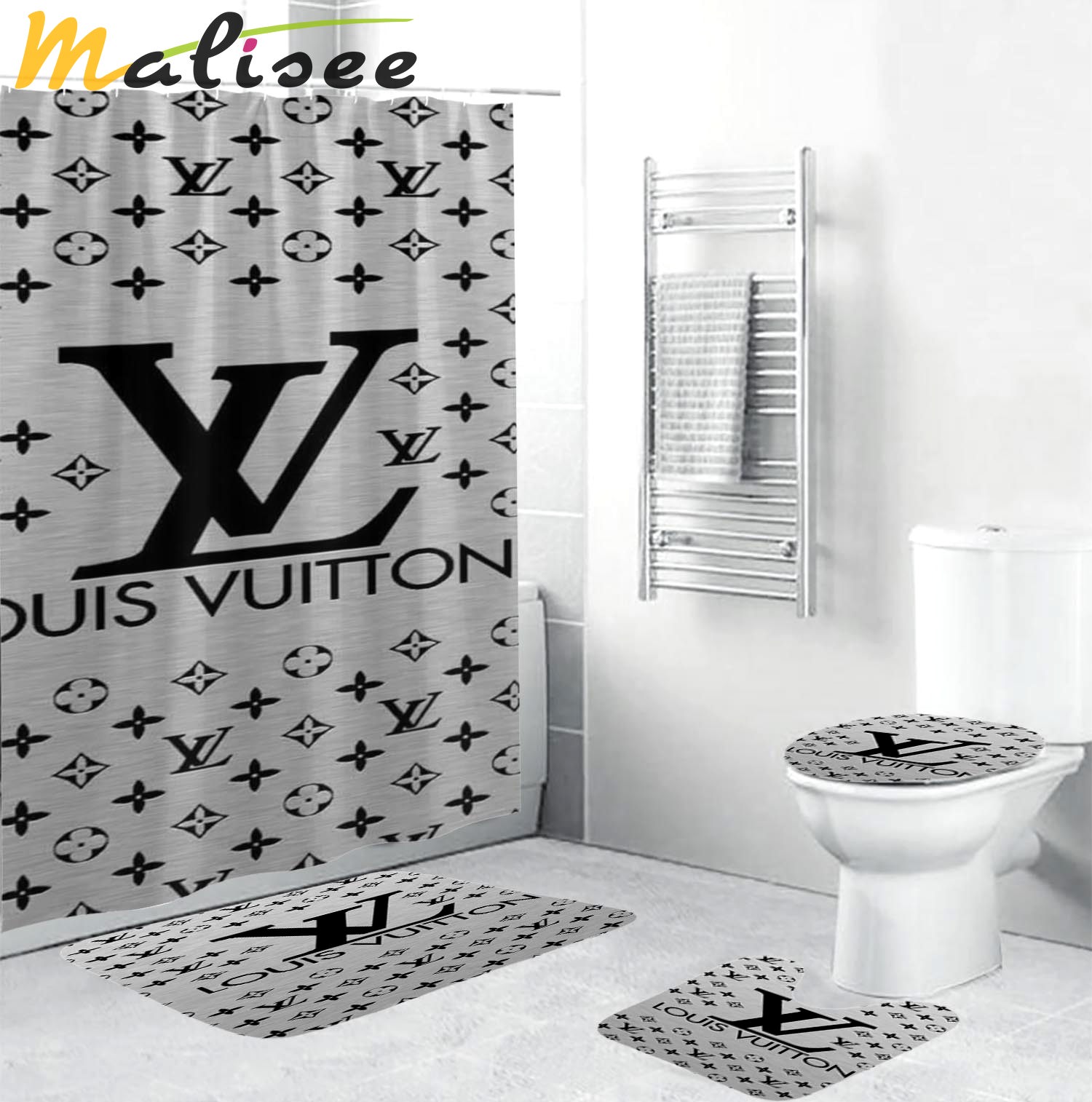 Rugs in living room and bedroom - Louis vuitton lv grey bathroom set hot 2023 luxury shower curtain bath rug mat home decor 107 Bathroom Accessory Sets