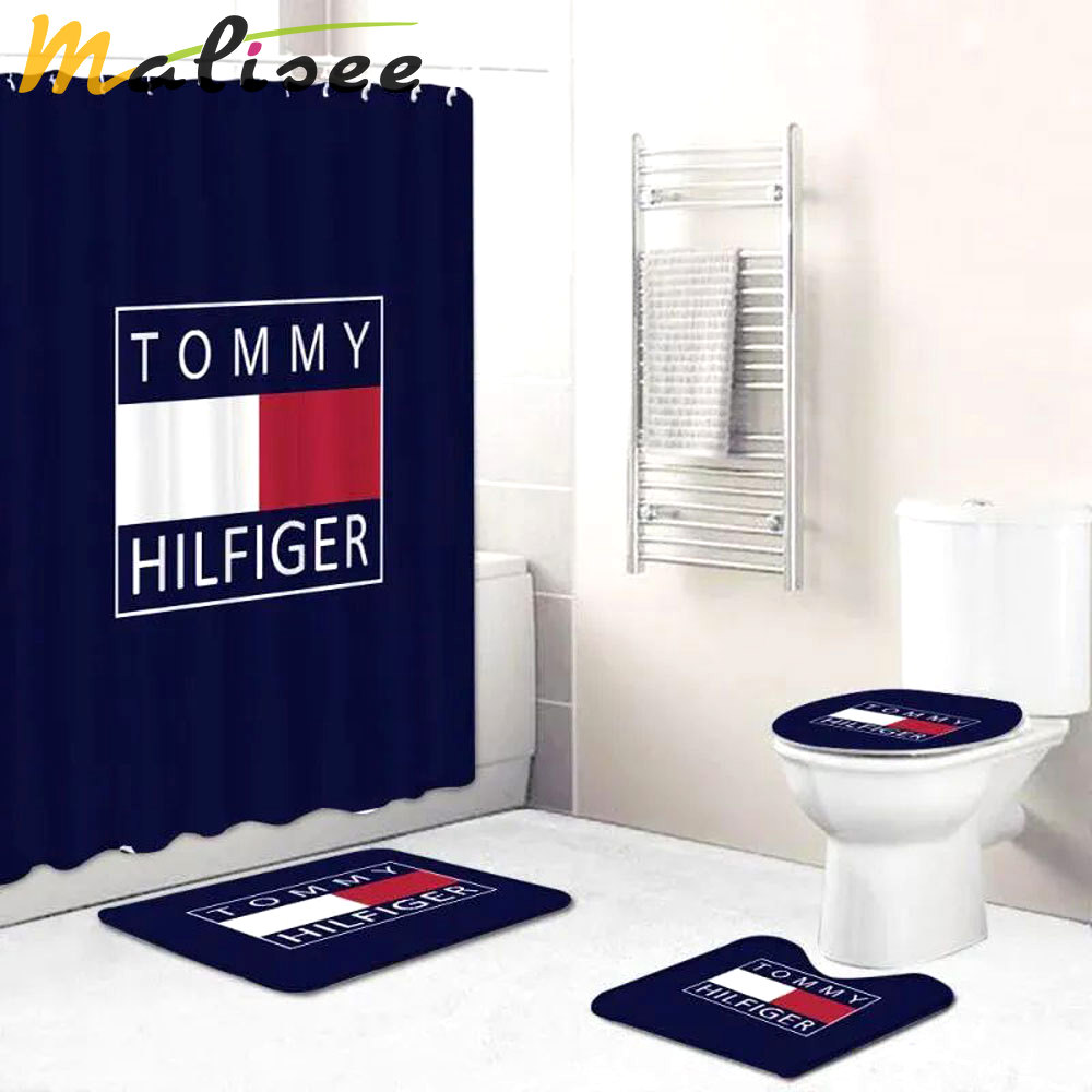 Rugs in living room and bedroom - Tommy hilfiger blue bathroom set hot 2023 luxury shower curtain bath rug mat home decor 296 Bathroom Accessory Sets