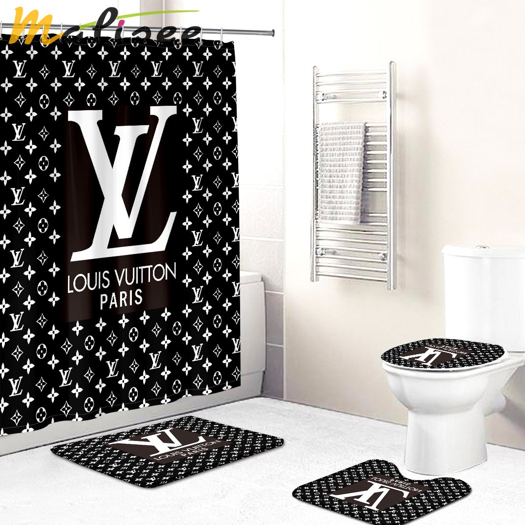 Shower curtains lv louis vuitton  black and white logo full bath mat sets shower curtain v1 403 Bathroom Set