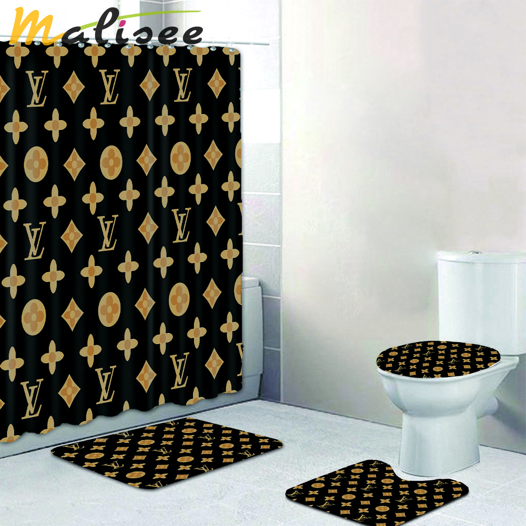 Shower curtains lv louis vuitton  dark beige and black full bath mat sets shower curtain 409 Bathroom Set