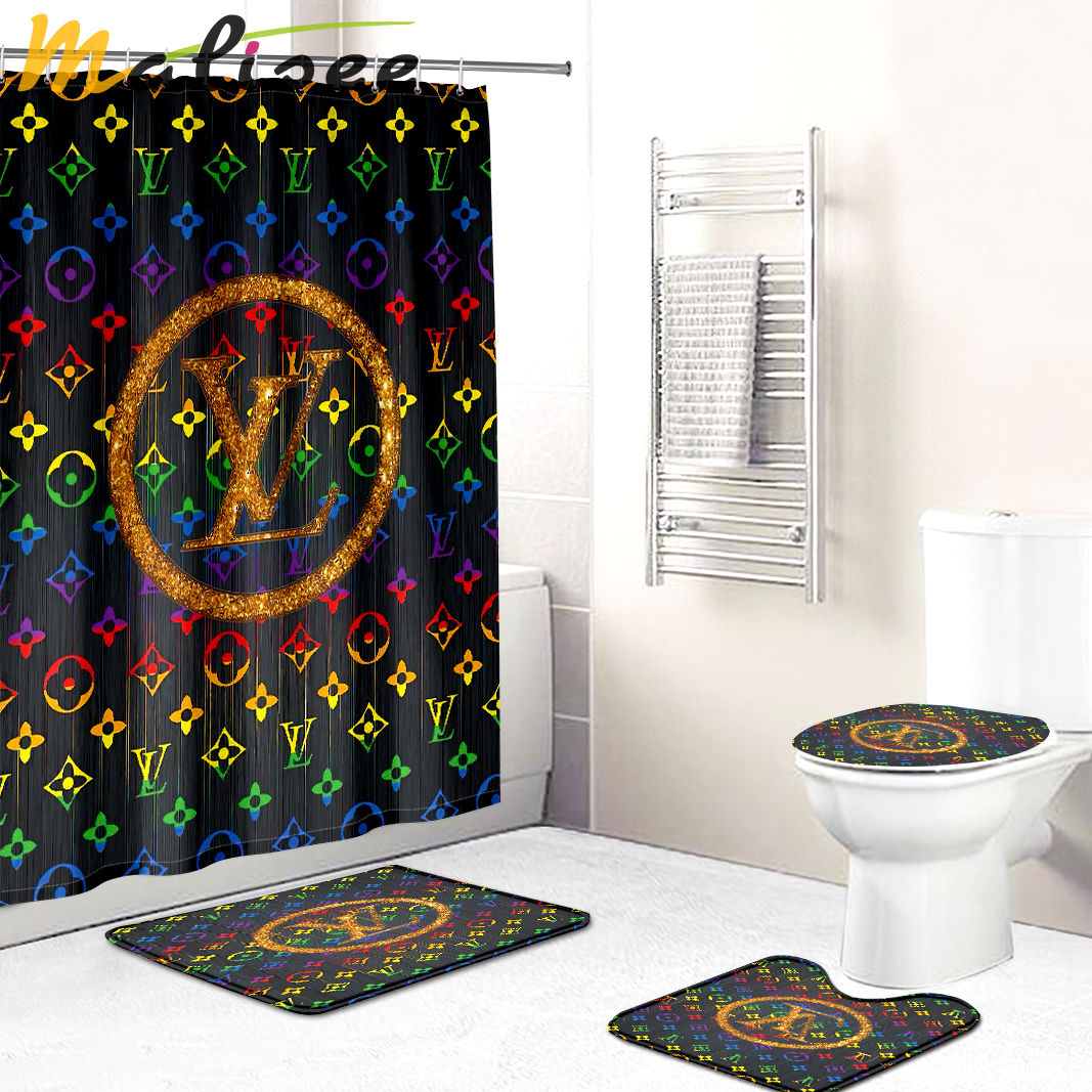 Shower curtains lv louis vuitton  rainbow colors full bath mat sets shower curtain 411 Bathroom Set