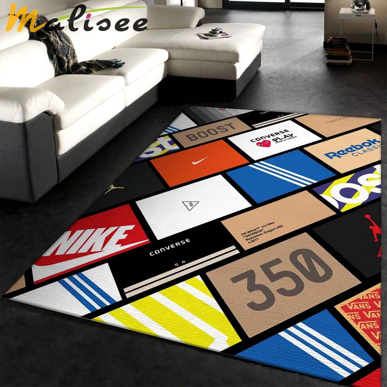 Sneaker boxes logo type 465. Upgrade Your Living Room with Luxury Home Decor: Area Carpets, Floor Decor, Door Mats, and Hot Gift Items with style a High-End Fashion Brand Rectangle Rug
