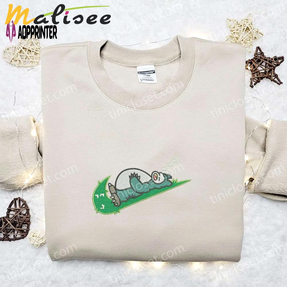 Snorlak sleeping x swoosh embroidered sweatshirt: best pokemon anime shirt perfect gift for all occasions Embroidered Shirt
