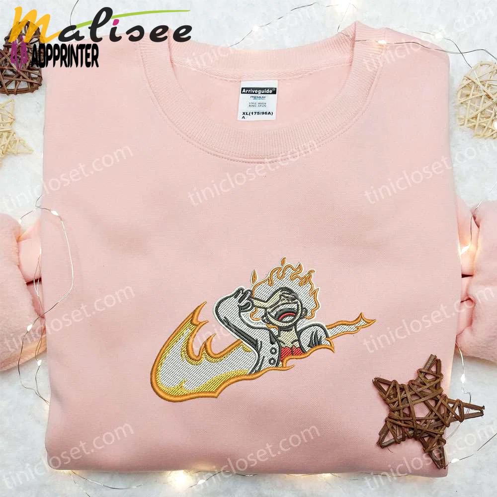 Swoosh x luffy gear 5 laughing sweatshirt: best one piece anime embroidered shirt perfect gift for all occasions Embroidered Shirt
