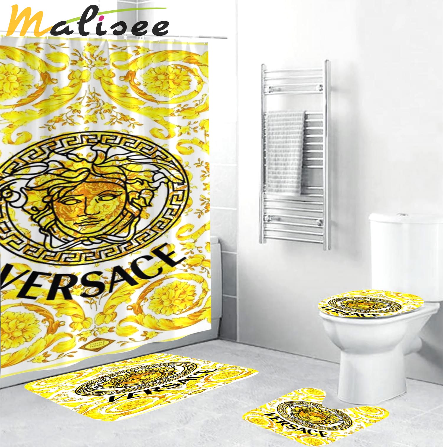 Versace big medusa in baroque background logo type 697 Bathroom Accessory Sets Bath Mat Set Waterproof Shower Curtain Bathroom Sets Hypebeast Bathroom Home Decor Pedestal Rug Toilet Cover Luxury Fashion Brand