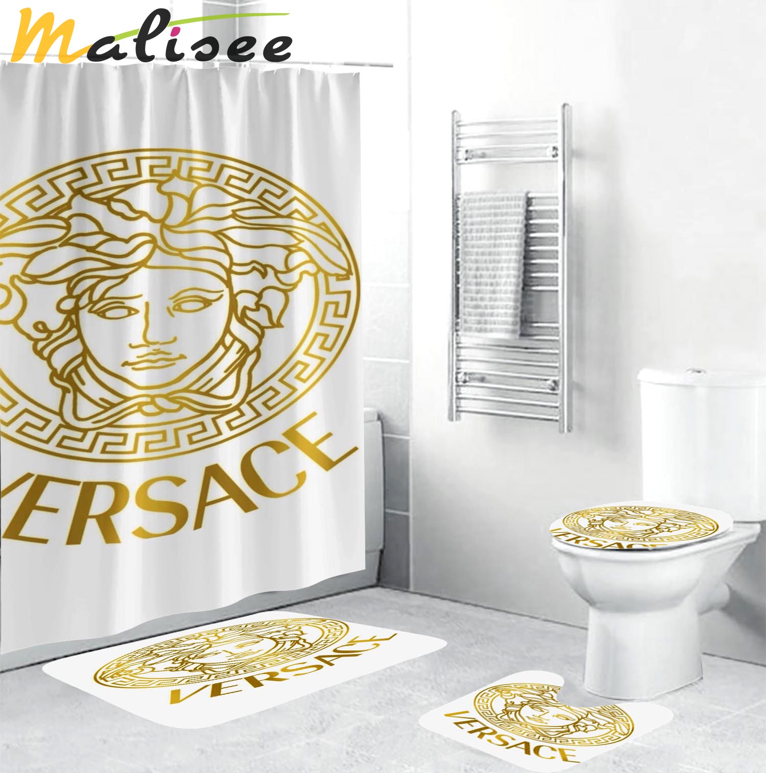 Versace fancy big goldenin white logo type 1337 Bathroom Accessory Sets Pedestal Rug Waterproof Shower Curtain Toilet Cover Luxury Fashion Brand Bathroom Sets Home Decor Hypebeast Bathroom Bath Mat Set