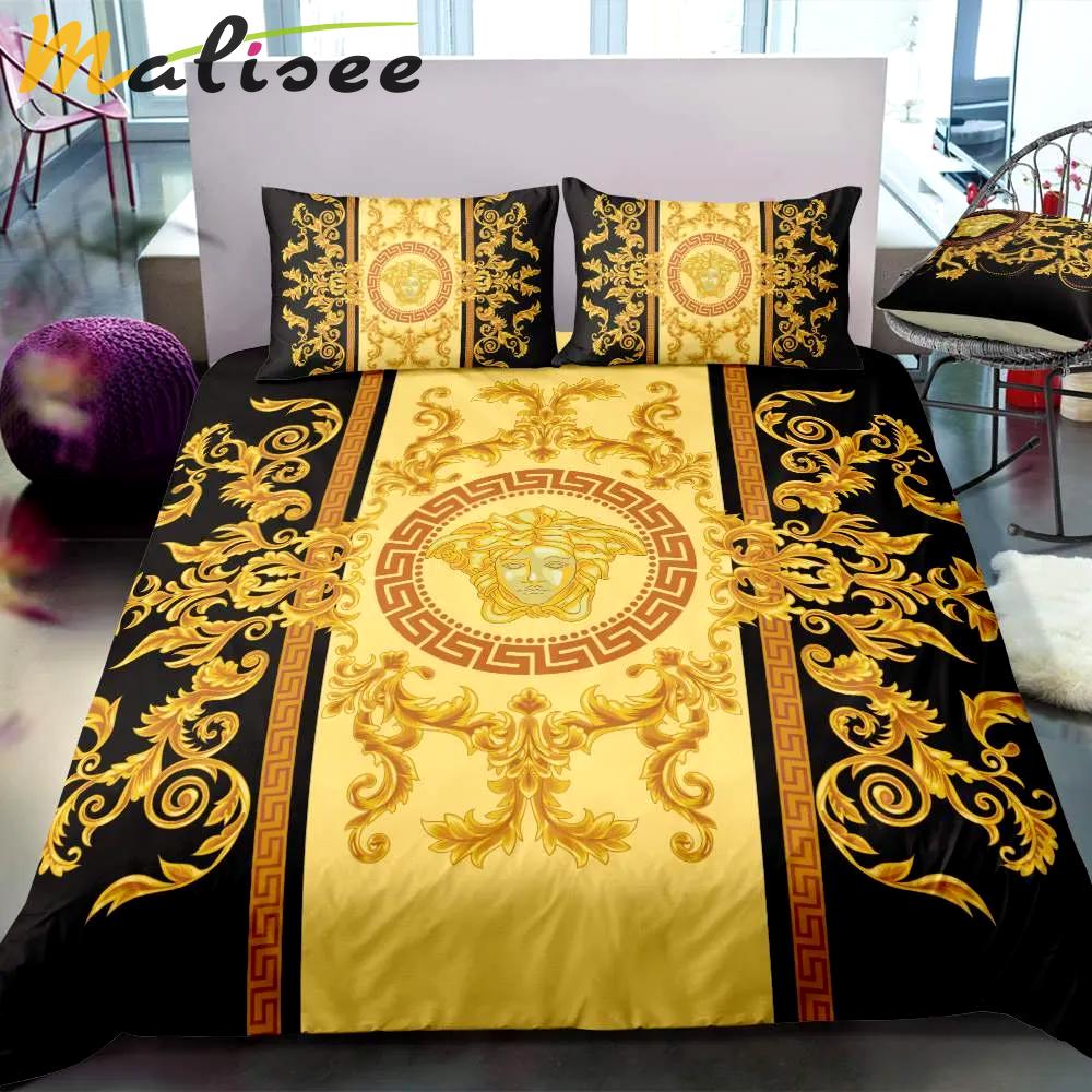 Versace gold luxury brand bedding sets bedspread duvet cover set, bedroom decor , thanksgiving decorations for home best luxury bed sets gift thankgivings and christmas Bedding Sets