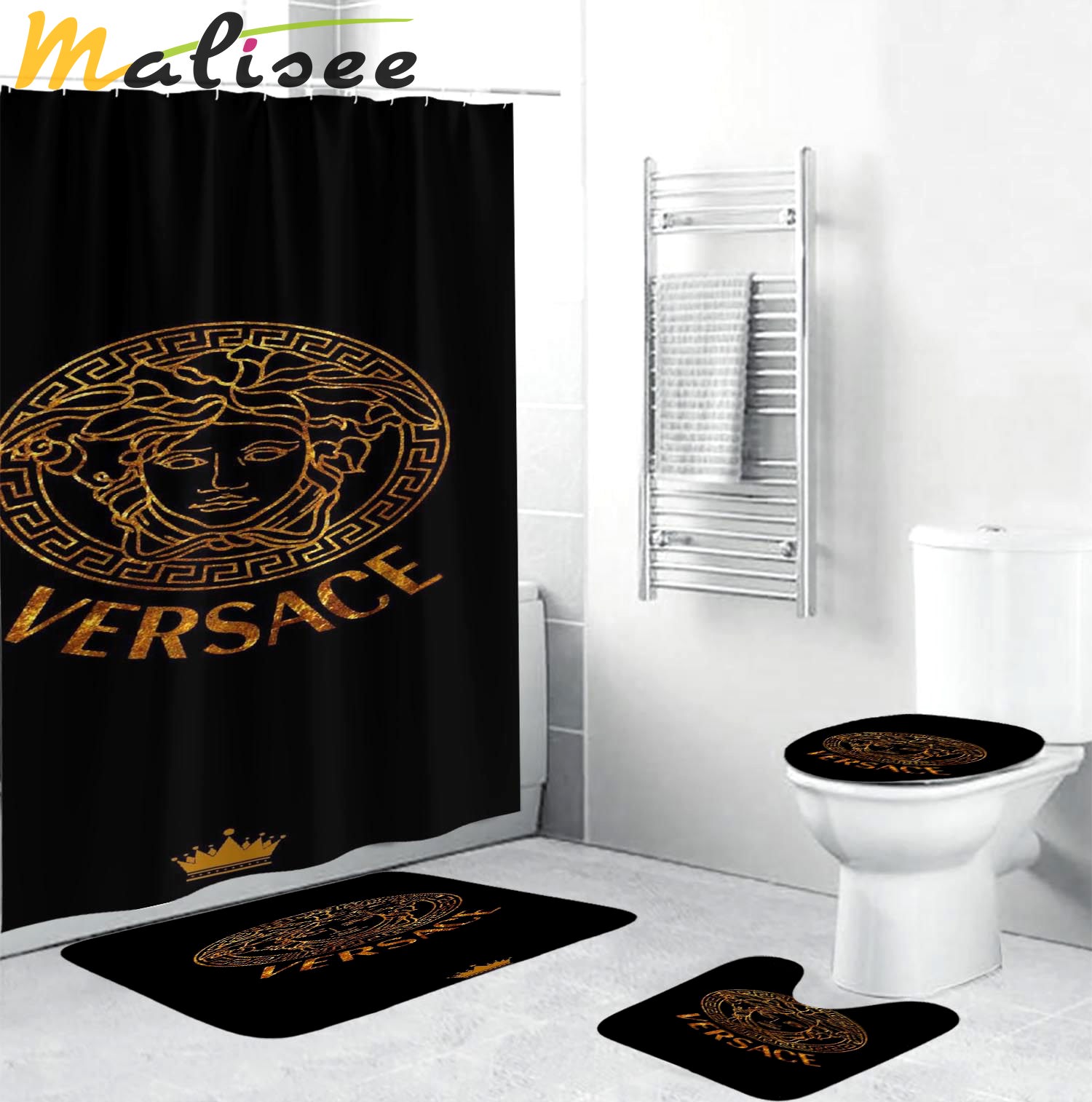 Versace golden glitter logo in black bathroom set Bathroom Set
