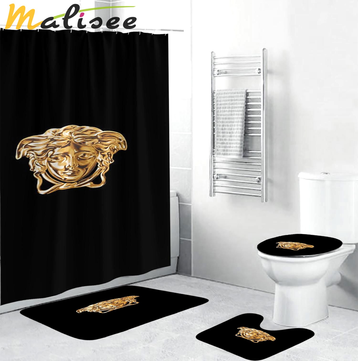 Versace golden medusa face in black bathroom set shower curtain set Bathroom Set