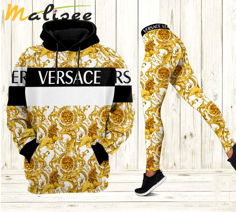 Versace luxury brand black and white stripe 3d hoodie and leggings set 287 hcst 11 Hoodie Leggings Set