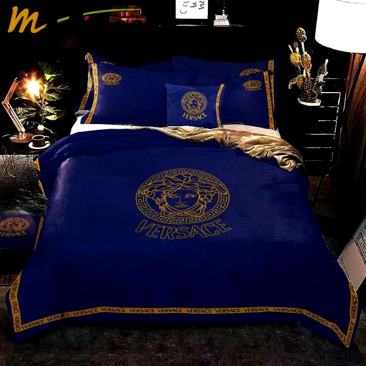 Versace navy blue luxury brand bedding sets bedspread duvet cover set, bedroom decor , thanksgiving decorations for home best luxury bed sets gift thankgivings and christmas Bedding Sets