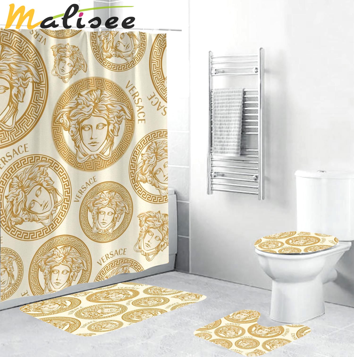 Versace yellow logo pattern in beige background bathroom set shower curtain set Bathroom Set
