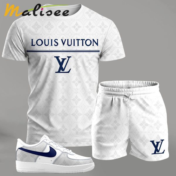 White minimalist streetwear set for men, logo-print t-shirt and shorts combo with blue-accent sneakers T-Shirt Short Sneakers Set