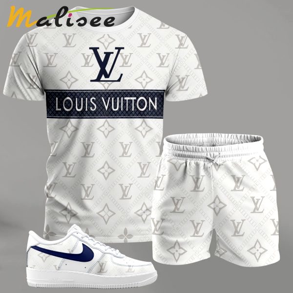 White monogram streetwear set for men, contrast stripe t-shirt and matching shorts with blue-accent sneakers T-Shirt Short Sneakers Set