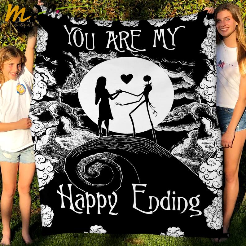 You are my happy ending nightmare fleece blanket, mink sherpa blanket, jack and sally blanket, couple blanket, couple gift Quilt Blanket
