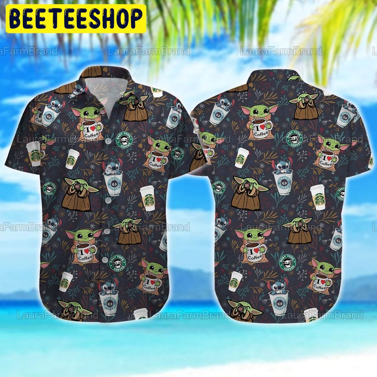 Baby yoda and stitch ohana coffee button down trending hawaiian shirt Hawaii Shirt Shorts & Flip Flops