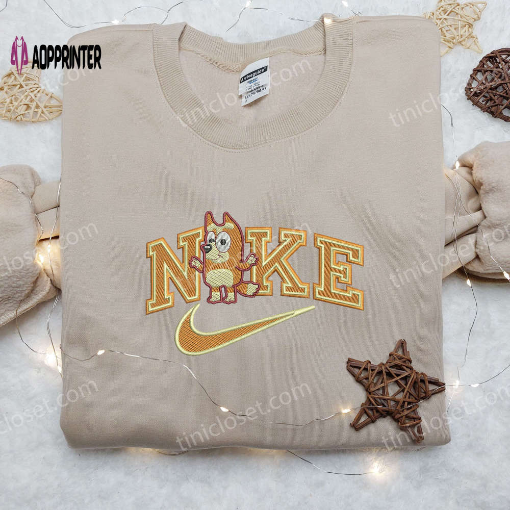 Bingo x nike swoosh: custom embroidered shirt with bluey design Embroidered Shirt