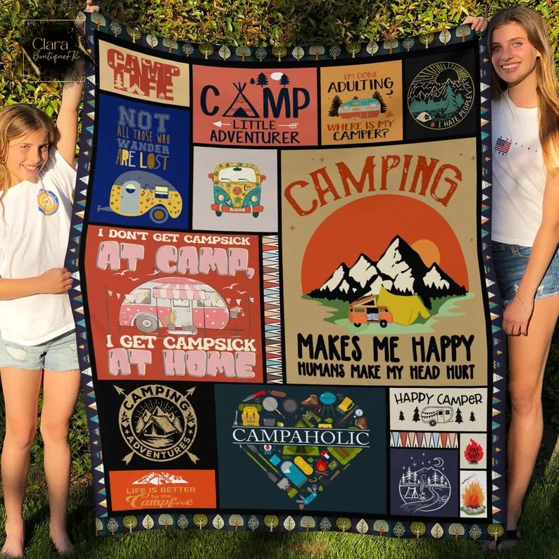 Campaholic camping makes me happy, humans make me head hurt fleece blanket, mink sherpa blanket, camping lover gift, camper blanket Quilt Blanket