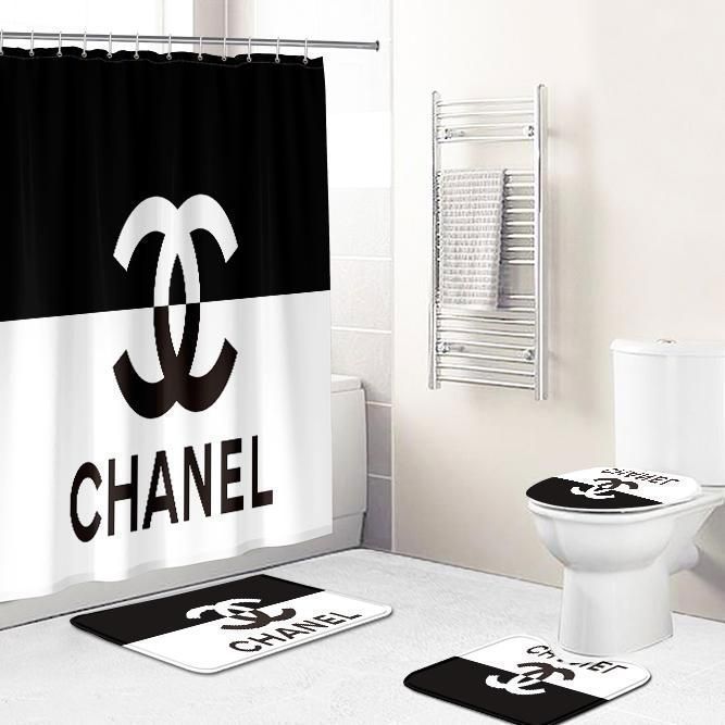 Chanel black and white shower curtain luxury bathroom mat set hot 2023 23 Bathroom Accessory Sets