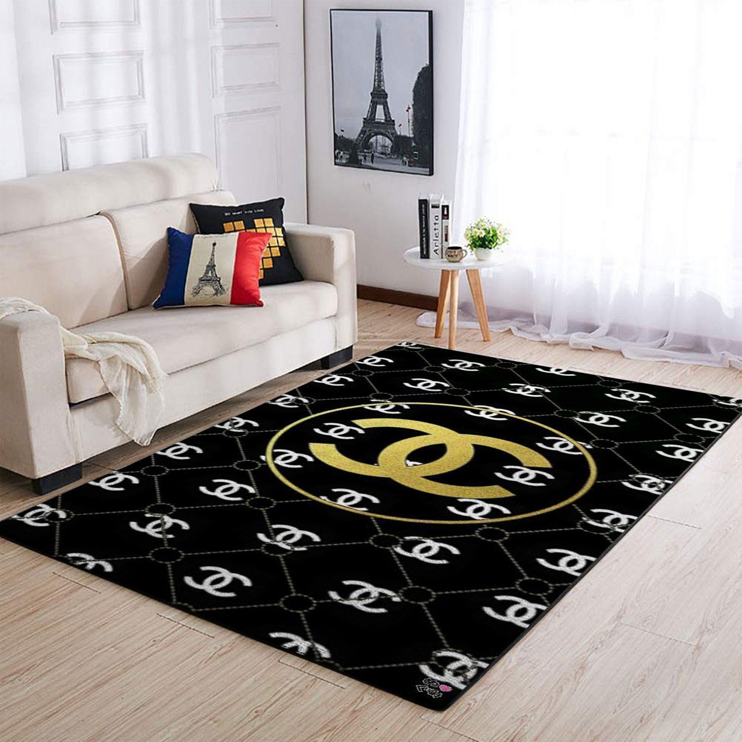Chanel black golden logo type 529. Upgrade Your Living Room with Luxury Home Decor: Area Carpets, Floor Decor, Door Mats, and Hot Gift Items with style a High-End Fashion Brand Rectangle Rug