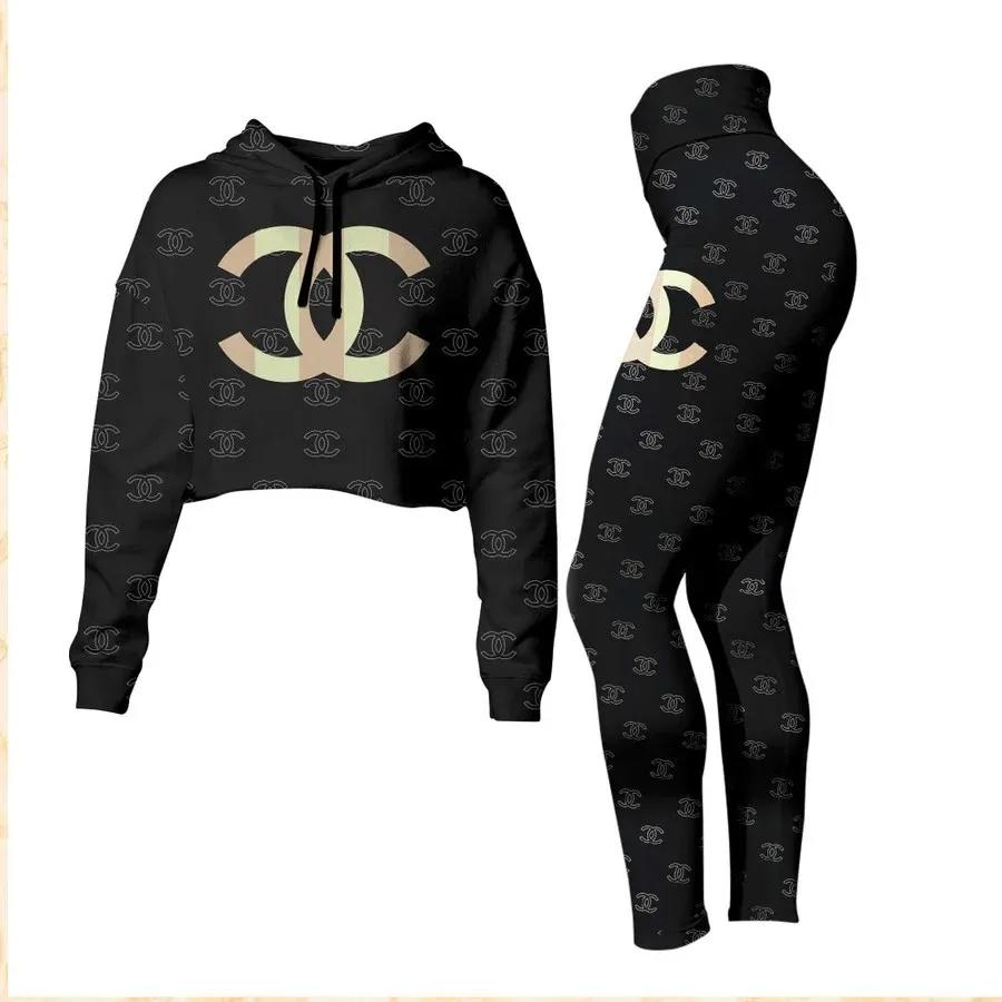 Chanel black luxury brand clothes premium leggings and crop top set for women Croptop Hoodie Legging Set