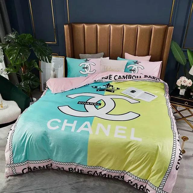 Chanel blue yellow logo type 430 Bedding Sets duvet bed linen luxury ideas bedspread premium fashion brand blankets sheets home decor covers bedclothes hyperbeast Bedroom